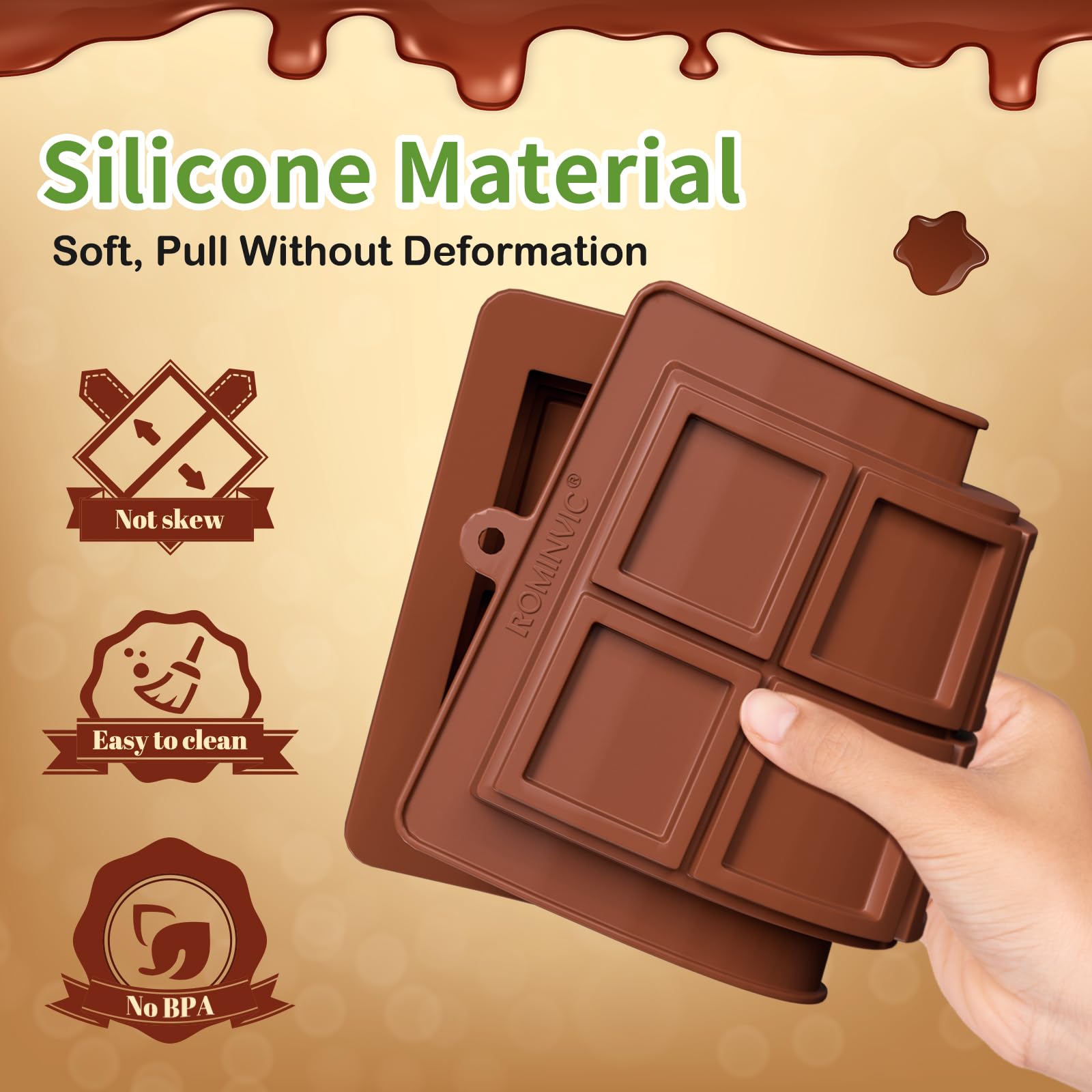 ROMINVIC Dubai Chocolate Mold 2 Pack,0.79 Inch Deep Large and Thick Silicone Chocolate Bar Molds and scraper for Stuffed Bar,Big Chocolate Candy Bar Mold for Filling Knafeh Pistachio Kit