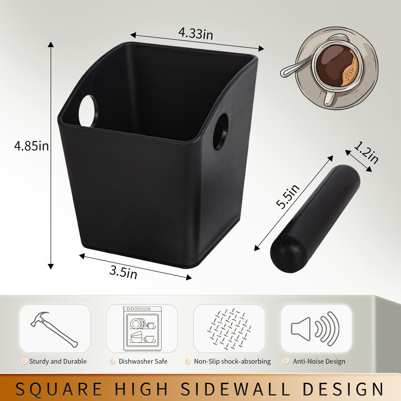 IAOSEN Espresso Knock Box Square High Side Wall Splash Prevention Design Knock Box Shock Absorbing Non Slip Knock Box Espresso With Removable Knock Bar Espresso Accessories for Home/Office