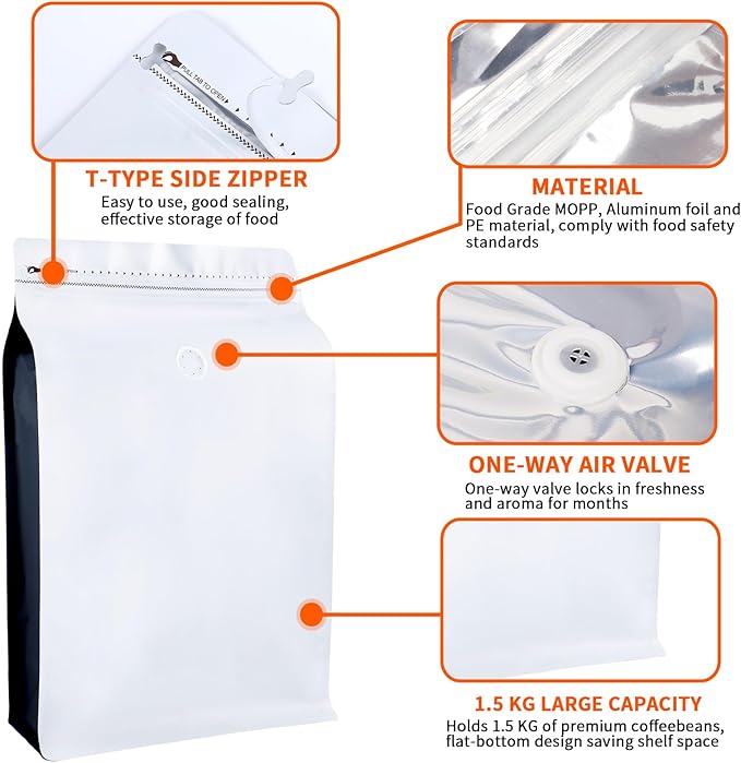 New 1.5 KG Large Capacity Coffee Bags with Valve (50 PCS) White Sides Black High Barrier Aluminum Foil Flat Bottom Standing Coffee Beans Storage Packaging Bags, Reusable Heat Seal Side Zipper Pouches