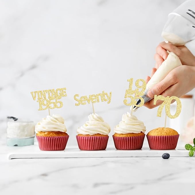 Gyufise 24Pcs 70th Birthday Cupcake Toppers Glitter Cheers to 70 Fabulous Seventy Vintage 1955 Cupcake Picks 70th Birthday Wedding Anniversary Party Cake Decorations Supplies Gold