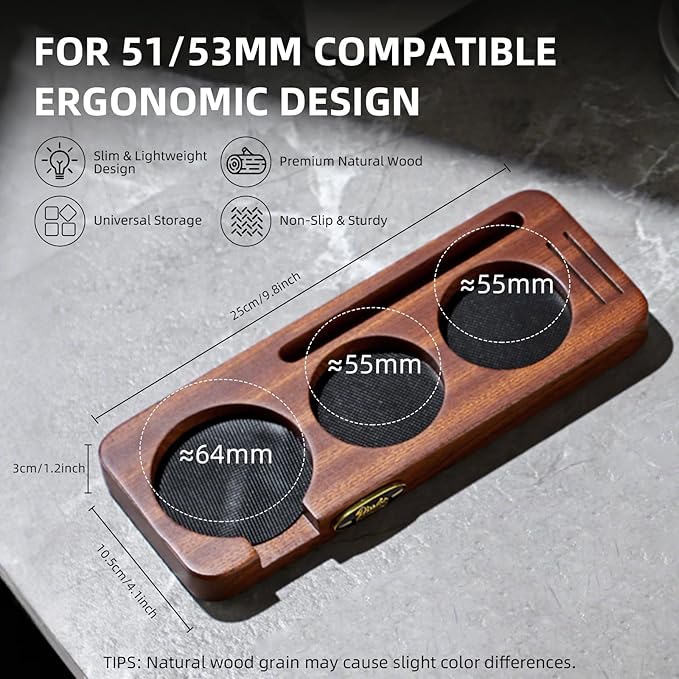 Bincoo 51/53mm Espresso Tamping Station - Sapele Coffee Bar Organizer with Non-Slip Mat, Multi-Slot Design for Counter, Holds Tamper,Distributor, Basket Holder