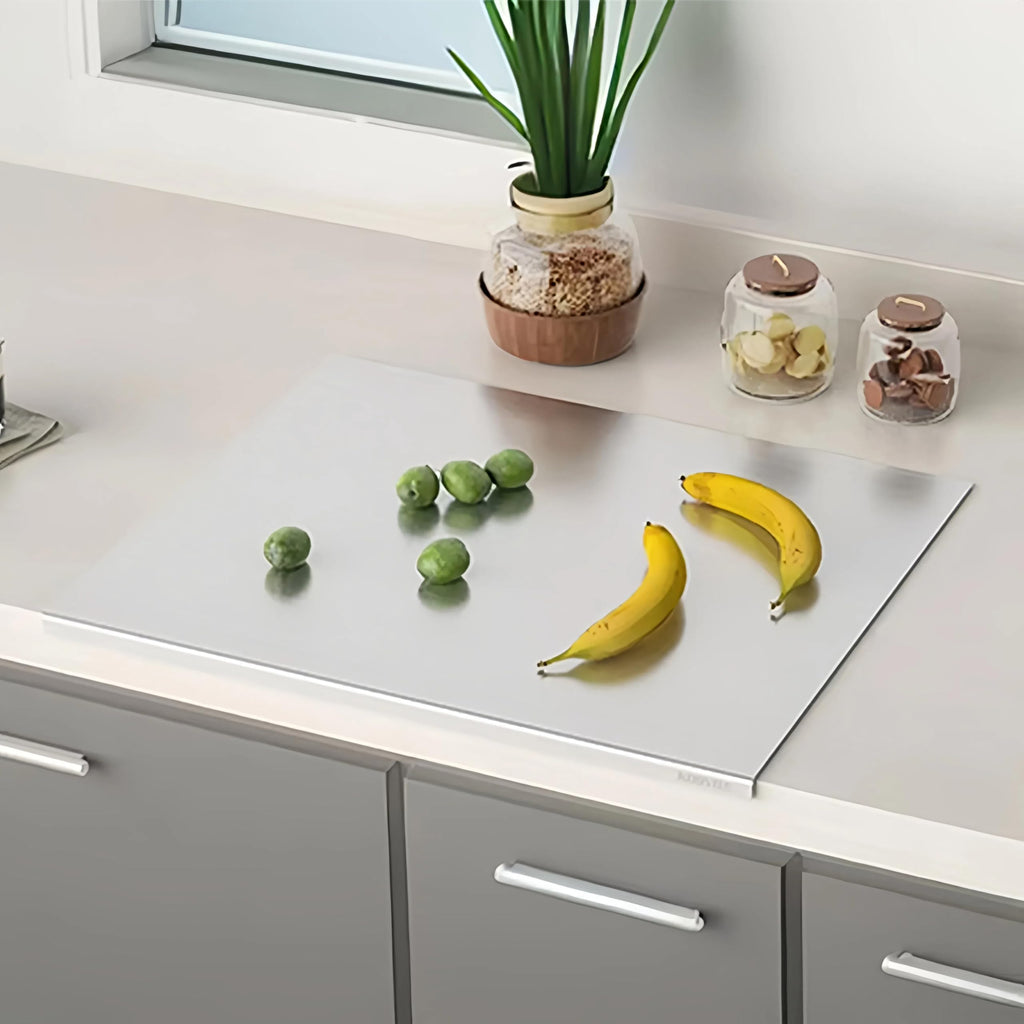 KORVOS Stainless Steel Cutting Board, 15.7" x 11.8" Double-Sided Cutting Boards for Kitchen, Metal Chopping Board with Lip&Non-Slip Mat, Easy to Clean, Suitable for Meat Fruits & Baking