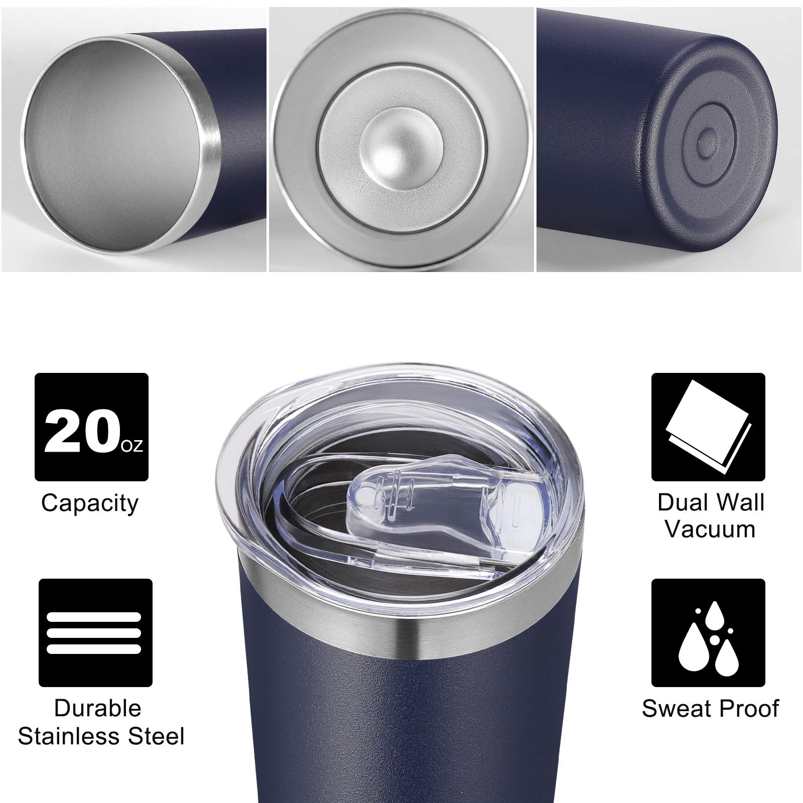 VEGOND Stainless Steel Tumblers Bulk 6 Pack, 20 oz Vacuum Insulated Skinny Tumblers with Lid and Straw, Double Wall Coffee Mug, Travel Water Cup, Navy Blue