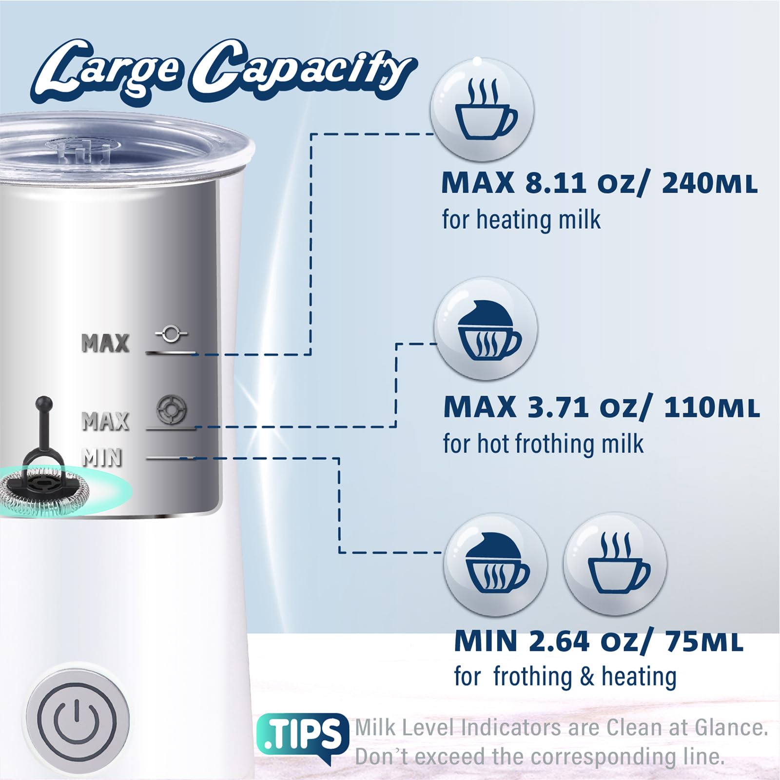 Huogary Milk Forther Simple Milk Frother and Steamer 2-in-1 Milk Steamer with Hot Milk Foam and Hot Milk for Latte, Macchiato, Cappuccinos, White （Medium）