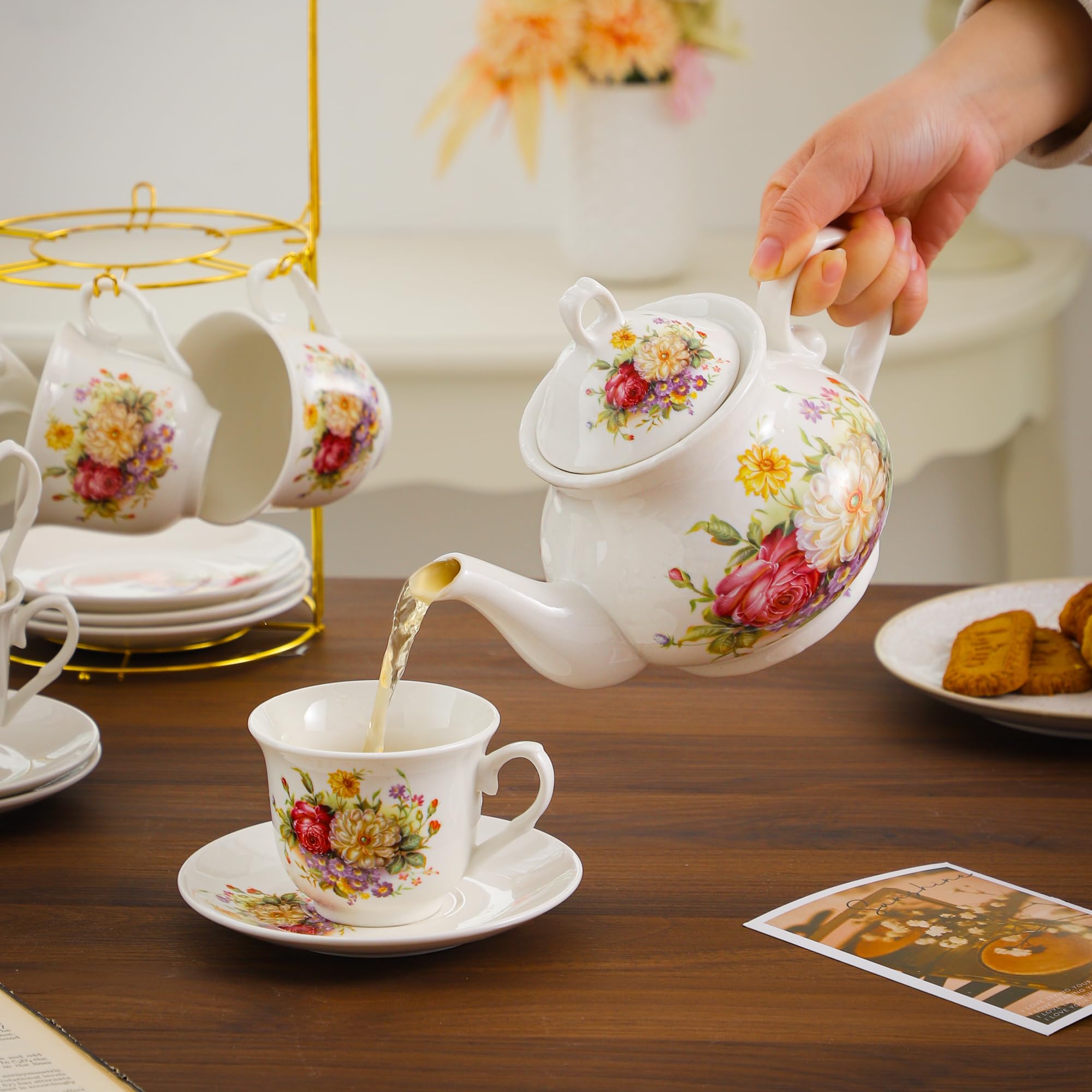 20-Pieces Porcelain Tea Sets For Women, Tea Set For Adult with Golden Metal Rack,Tea Gift Sets for Home&Party(012)