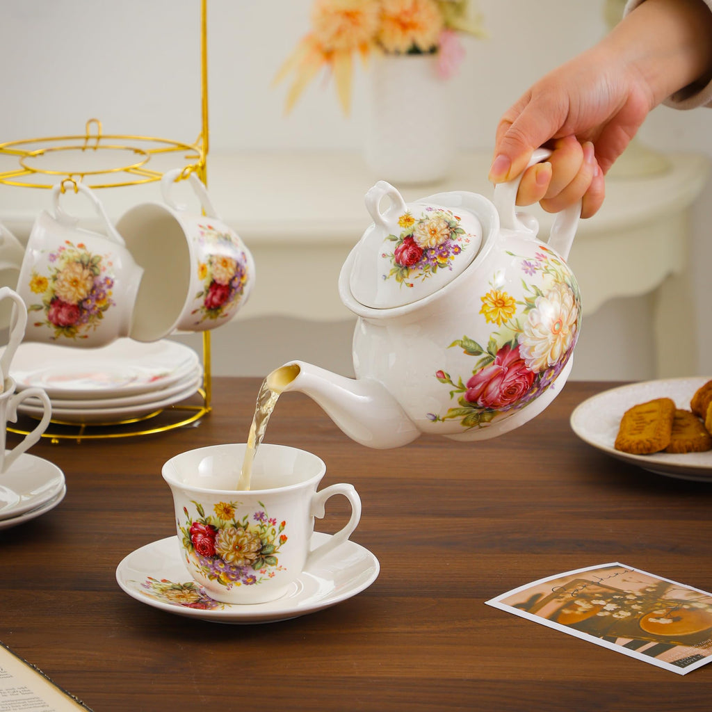 20-Pieces Porcelain Tea Sets For Women, Tea Set For Adult with Golden Metal Rack,Tea Gift Sets for Home&Party(012)