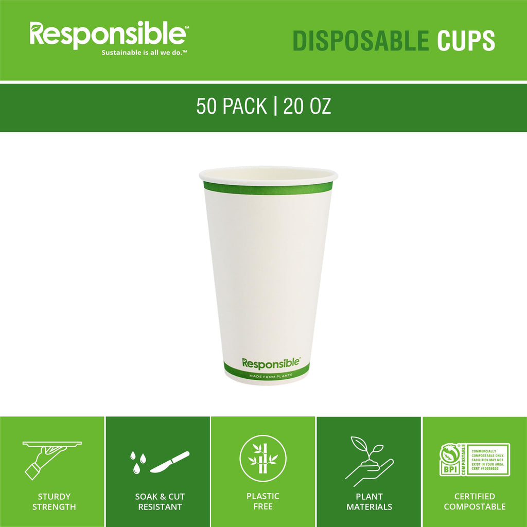 Responsible Products Certified Compostable 20 oz Paper Cups, Cold ＆ Hot Coffee Cups, Disposable Paper Cups, Extra Strength Disposable Cups, Made without PFAS (50 count)