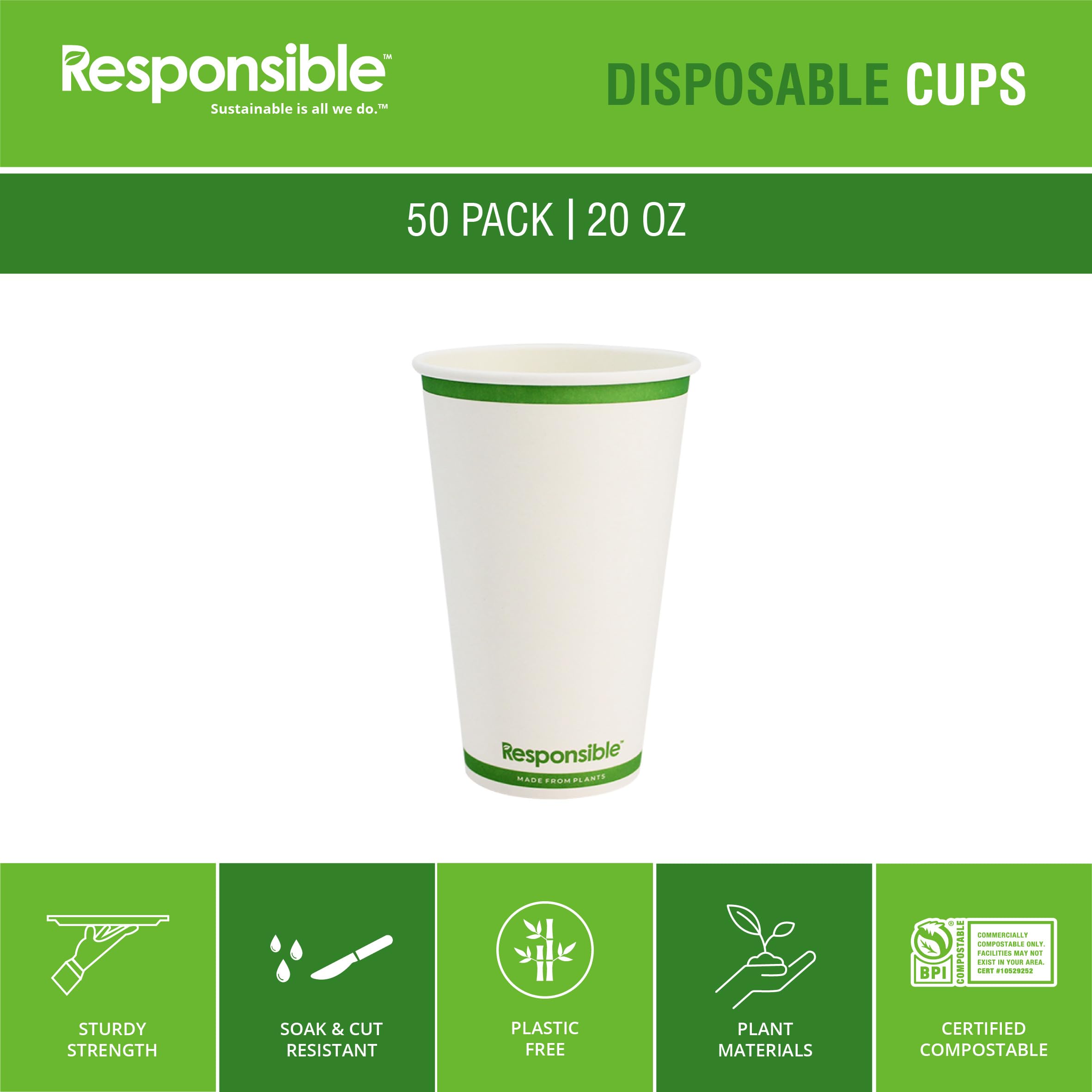 Responsible Products Certified Compostable 20 oz Paper Cups, Cold ＆ Hot Coffee Cups, Disposable Paper Cups, Extra Strength Disposable Cups, Made without PFAS (50 count)