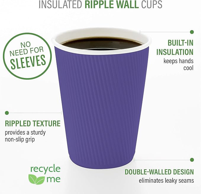 Restaurantware 16 Ounce Ripple Wall Disposable Coffee Cups, 500 Insulated Royal Purple Paper Tumblers with Rolled Rim Design, Lids Sold Separately for Hot Drinks like Tea and More