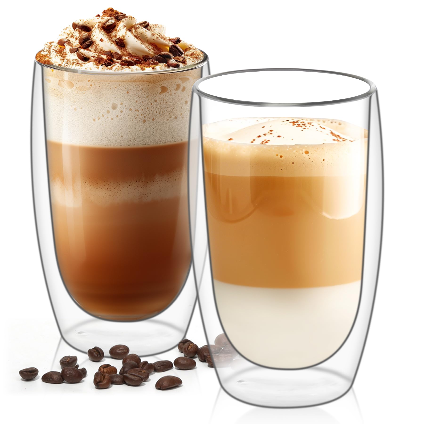 ComSaf 15oz Double Wall Glass Coffee Mugs, Insulated Latte Cups Set of 2, for Coffee, Espresso, Tea, Milk, Clear Cappuccino Cups Set Glassware Gift for Christmas Birthday
