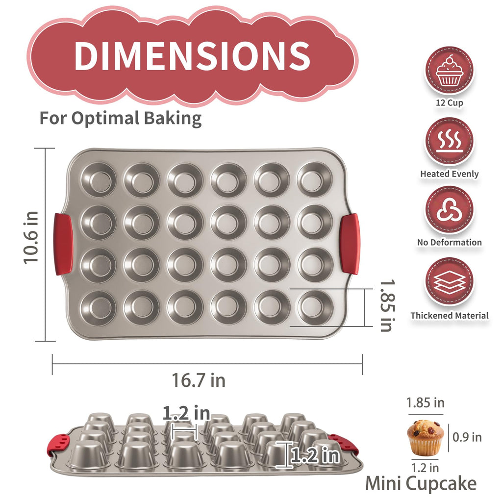 Shinsin 24 Cup Mini Cupcake Pan with Silicone Handles, Non-Stick Mini Muffin Pan, Baking Molds for Mini Cupcakes, Muffins, Quiches, Carbon Steel Mini Baking Pan, Dishwasher Safe (2 Pack)