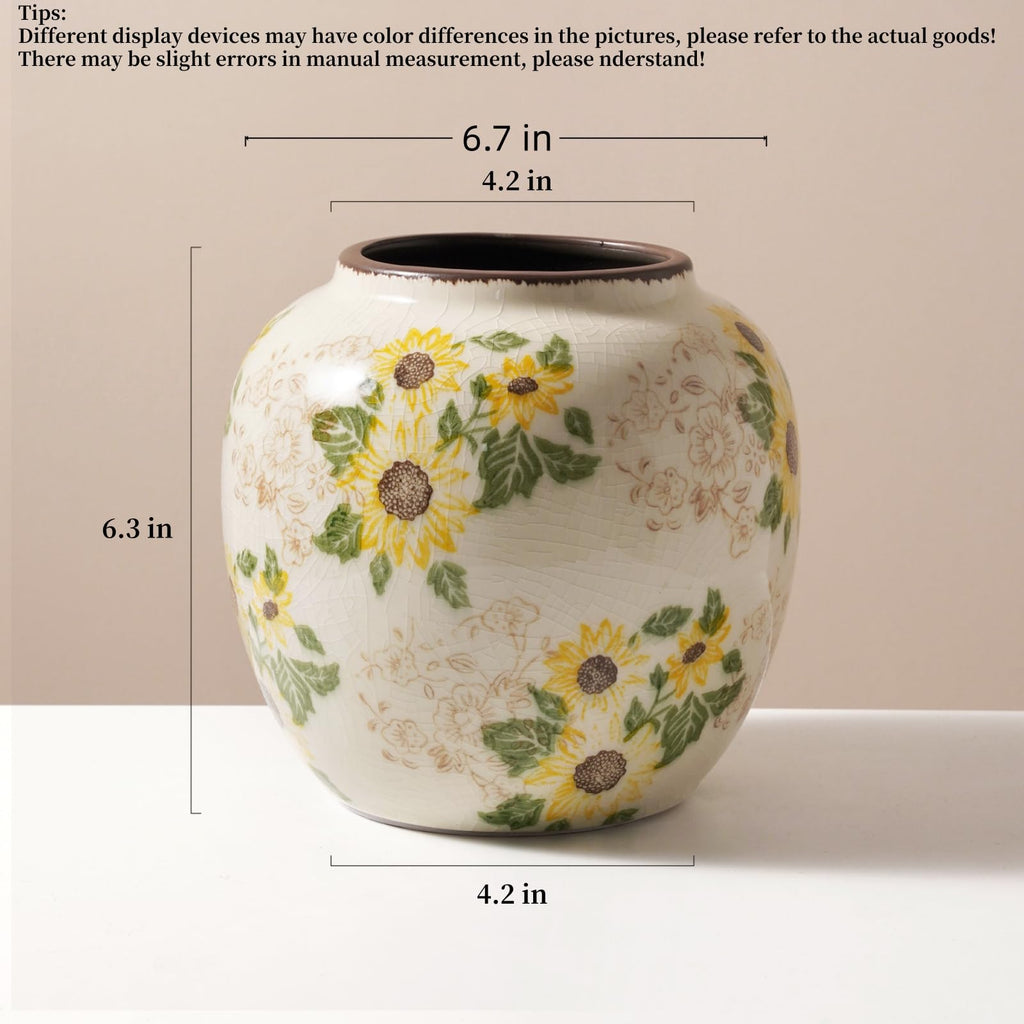 Levvohd Round Ceramic Vase, Sunflower Pattern, 6.3 Inch
