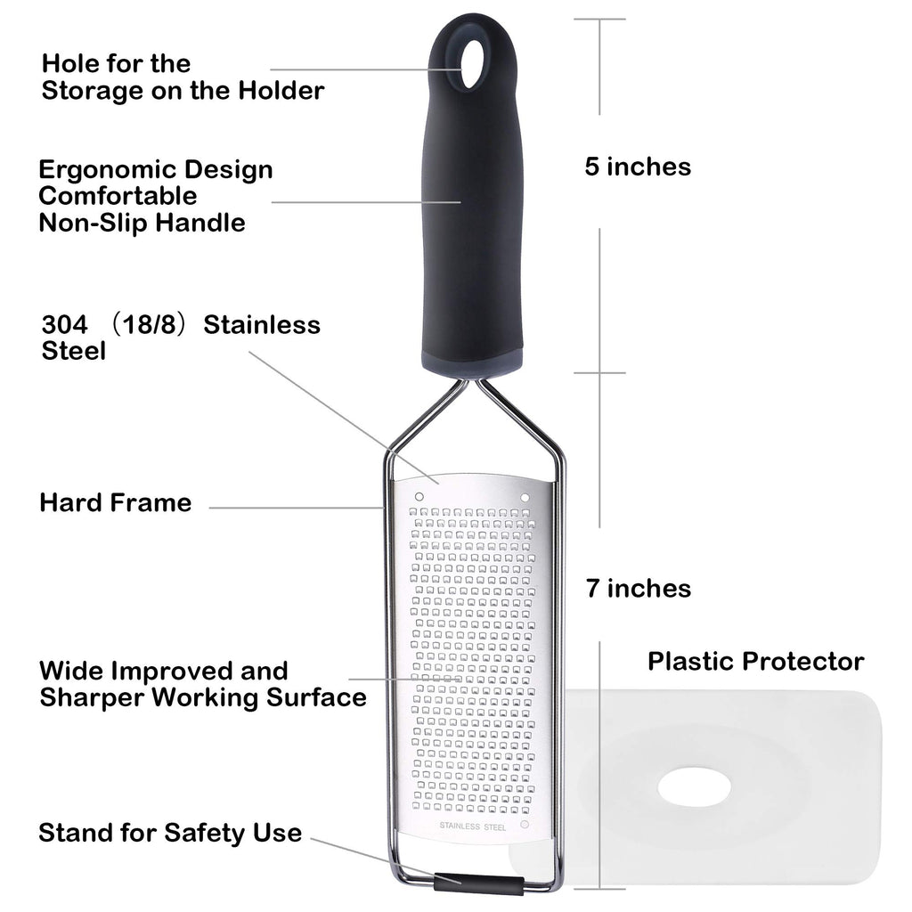 Wide Lemon Zester & Cheese Grater, 18/8 Stainless Steel with Cover, Black