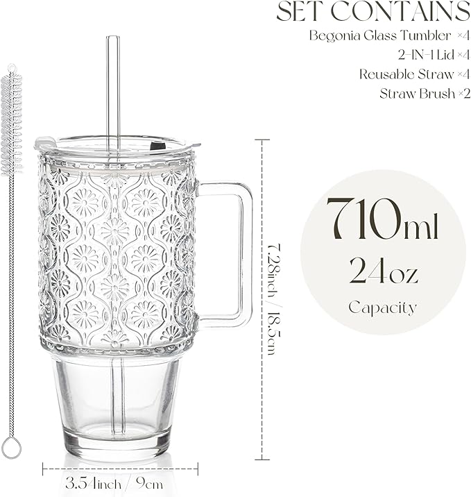 KEMORELA 4-Pack 24 Oz Glass Tumblers with Straws and Lids, Iced Coffee Cups with Begonia Floral Pattern, Smoothie Cups with Handles, Reusable Cold Drinkware, Glass Tumblers for Beverages