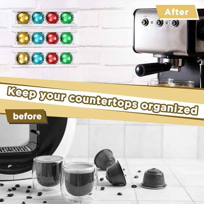 8 Pack Adhesive Coffee Pod Holder, 2 Different Size Holds 20 Capsules, Wall or Cabinet Mounted Coffee Capsule Rack with Adhesive Strips, Vertical or Horizontal Mount