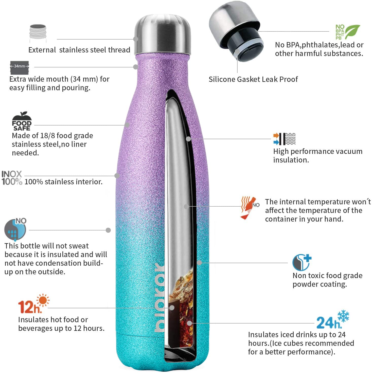 BJPKPK 17 oz Small Insulated Water Bottle, Stainless Steel, Leak Proof