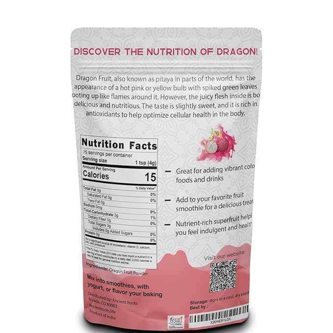 Ancient Roots Dragon Fruit Powder - All-Natural Food Coloring, Filled with Antioxidants, 75 Servings (10.5 ounces)