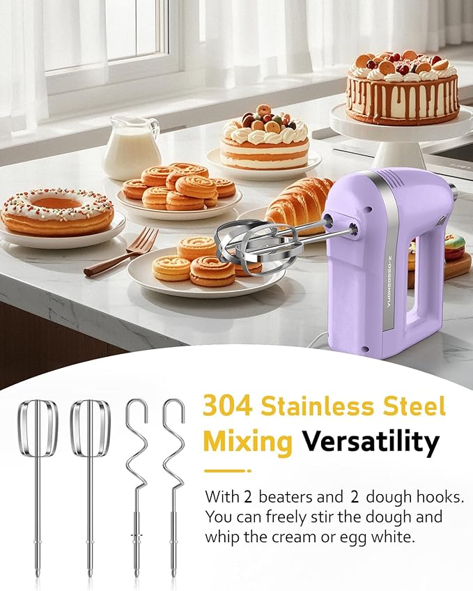 Electric Hand Mixer, Powerful 300W Hand Mixer Electric Handheld with 304 Beaters, Dough Hook,Hand Held Mixer with Turbo for Baking Cakes, Eggs, Cream Food(Purple)