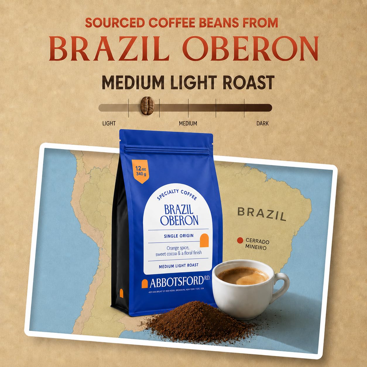 Brazil Oberon Ground Coffee, Medium Light Roast Ground Coffee with Orange Spice & Cocoa, 12 oz Brazilian Coffee Bag, Single Origin from Cerrado, Specialty Coffee for a Bright, Flavorful Brew