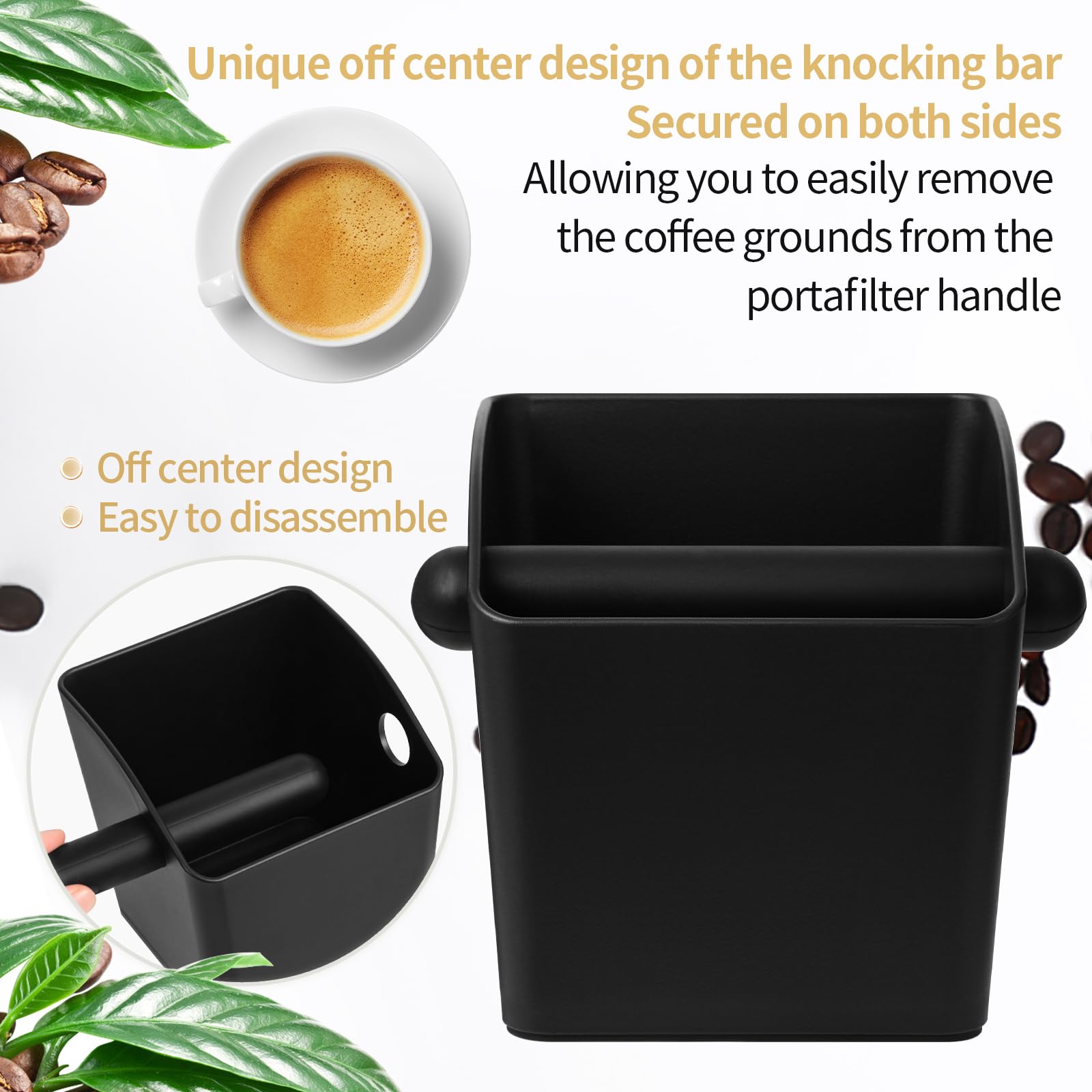 IAOSEN Large Square Knock Box Shock-absorbent Knock Box Espresso with Removable Knock Bar and Non-Slip Base Espresso Accessories for Home/Office (Large Black Knock Box)