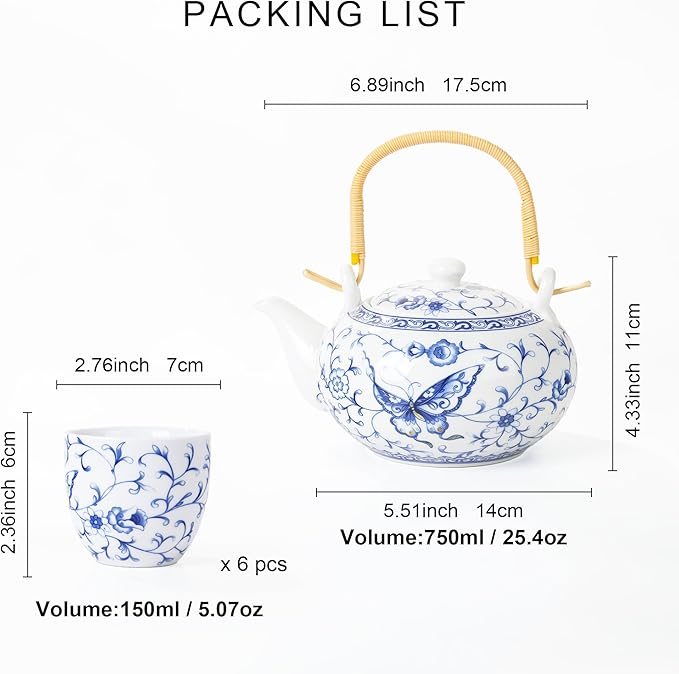 fanquare Chinese Blue and White Porcelain Tea Set with 1 Teapot Set, 6 Tea Cups, Butterfly Pattern Asian Japanese Tea Sets for Adults