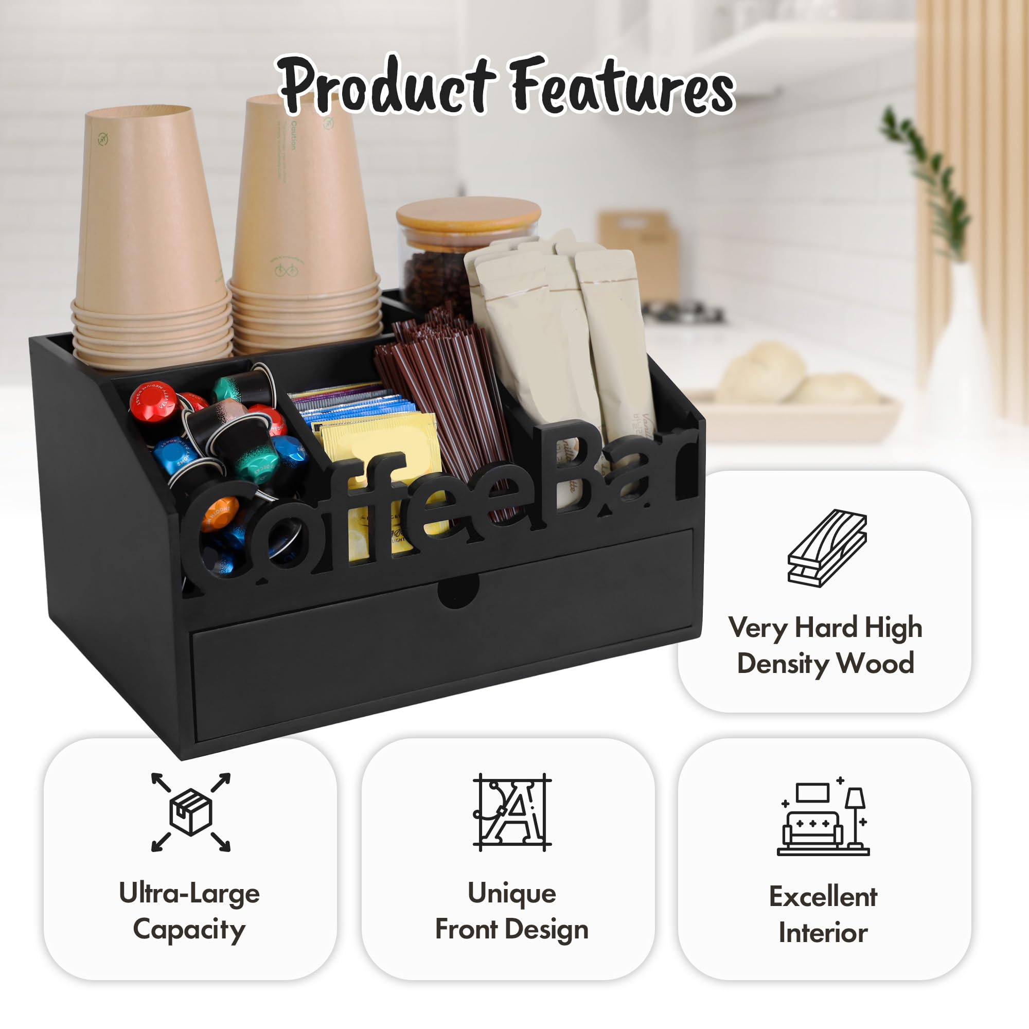 Coffee Bar Organizer Countertop, Wooden Coffee Station with Black Drawer
