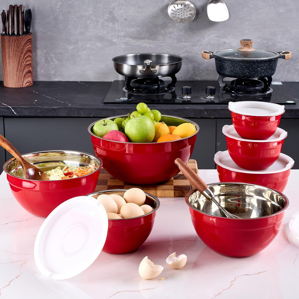 Onlycooker Red Mixing Bowls With Airtight Lids,Stainless Steel Bowl,Salad Bowls 7 Piece Colorful Nesting Bowl Red Kitchen Accessories,Size 7,3.6,2.7,2.1,1.5,1.1,0.8QT Stackable Design