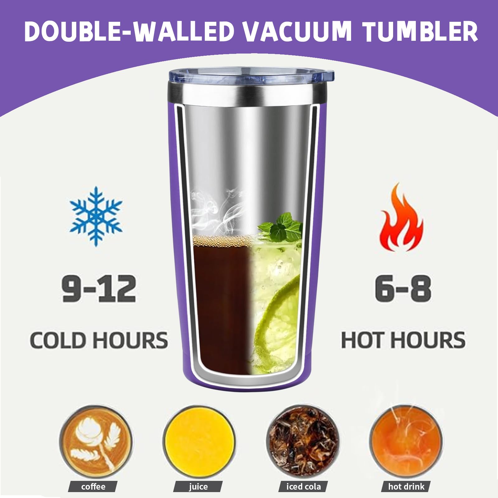 GUDEMAO 20 oz Tumbler with Lids and Straws, Stainless Steel Insulated Coffee Tumbler, Double Wall Vacuum Insulated Travel Mug Cup, Leakproof Thermal Coffee Cup for Hot and Cold Drinks (purple)