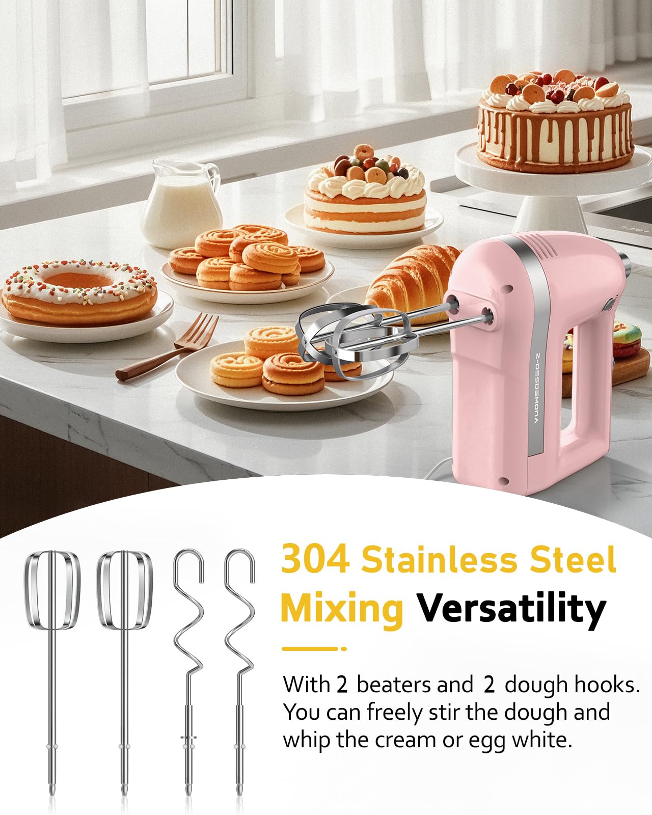 Z-DESDEMONA Electric Hand Mixer, Powerful Hand Mixer Electric Handheld with 304 Beaters, Dough Hook, Whisk, Hand Held Mixer with Turbo for Baking Cakes, Eggs, Cream Food(Pink)