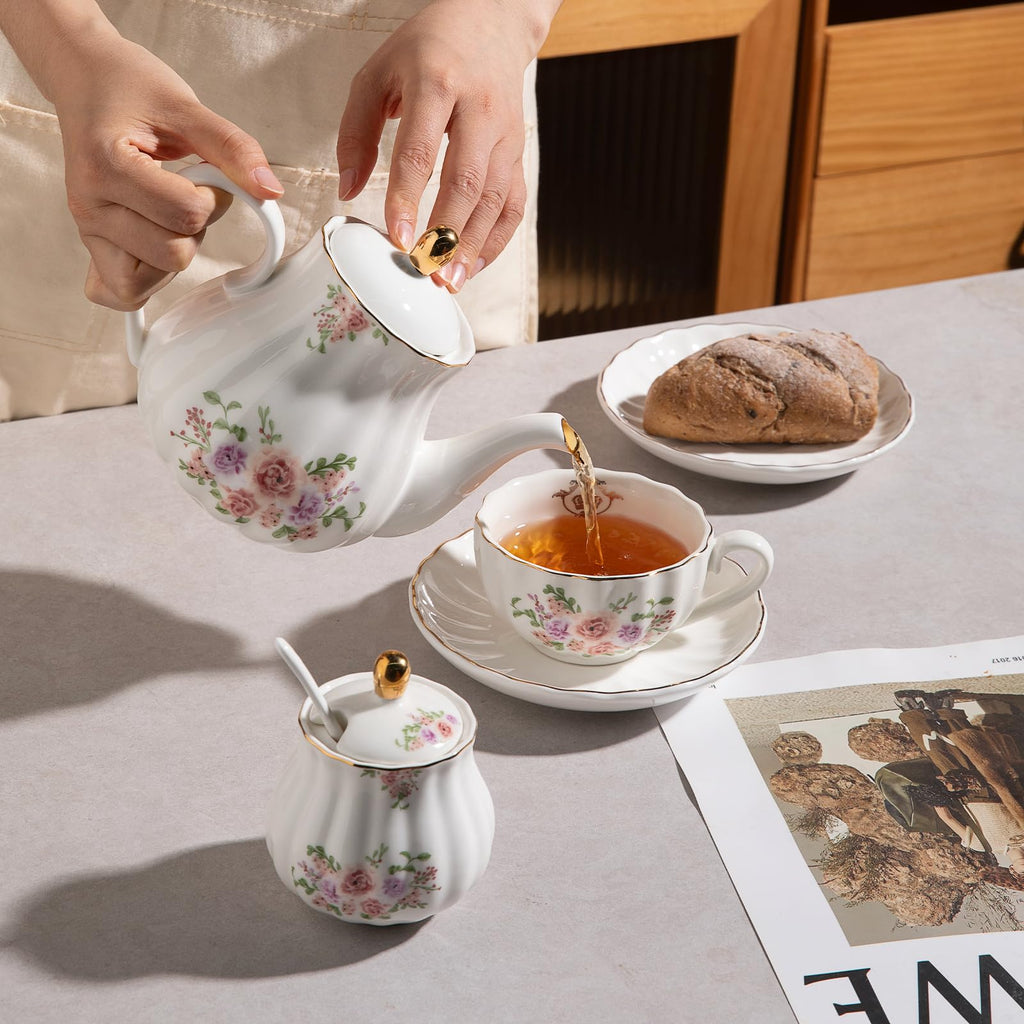 Sweejar 40FLOZ Royal Teapot with Infuser,Porcelain Tea Pot(Rose)