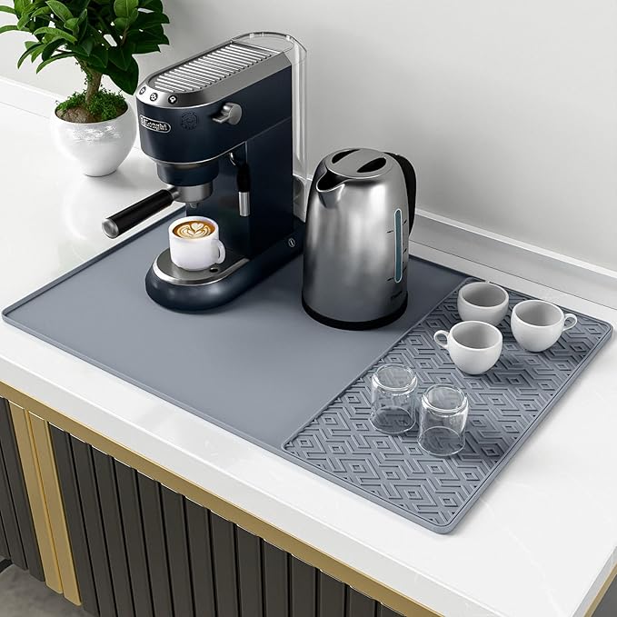 Silicone Coffee mat 24''x16'' – Non-Slip Bar Mat with Detachable Drying Layer for Espresso Machines, Countertops & Dish Racks