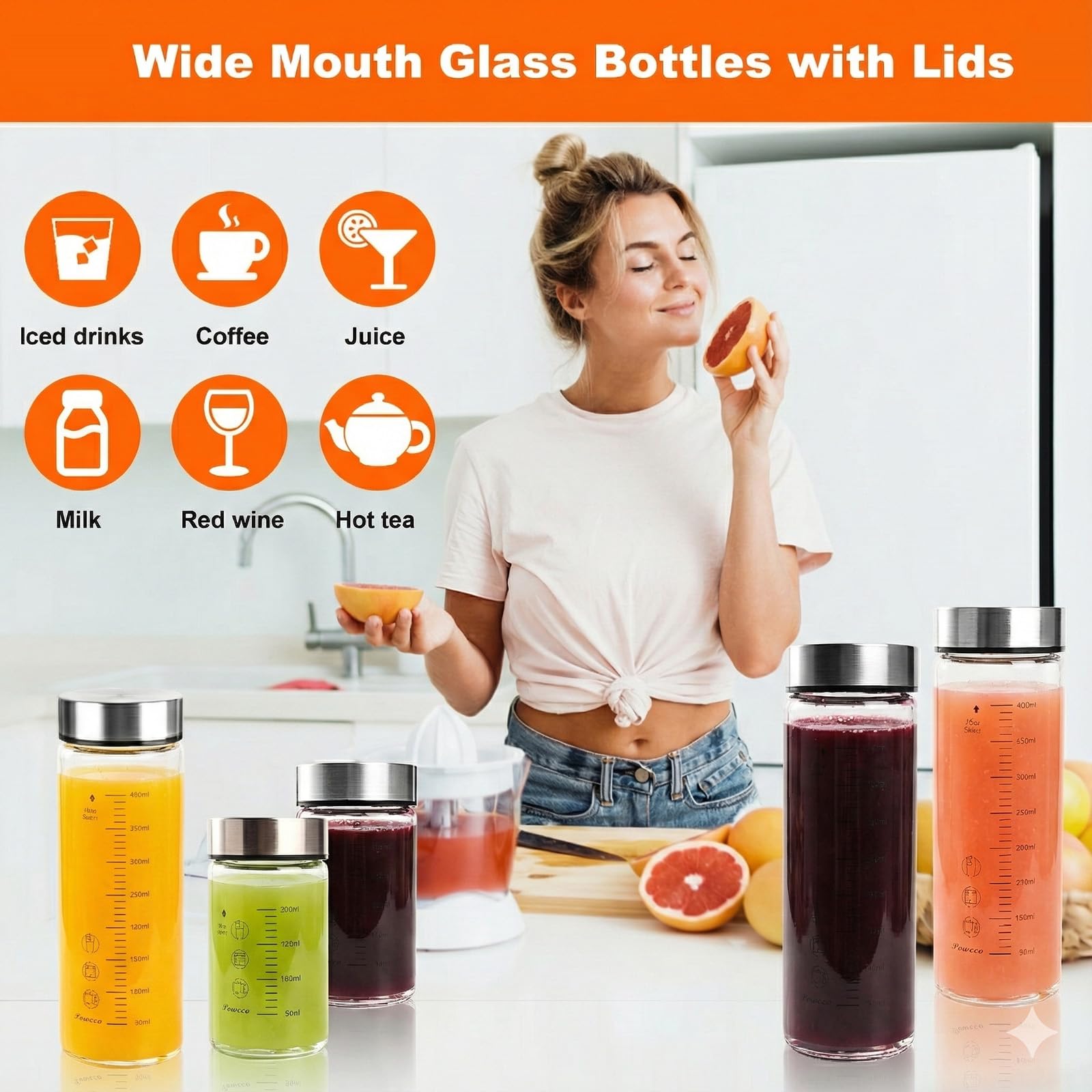 poweco Glass Juice Bottles 4 Pack 16 oz - Wide Mouth Glass Water Bottles with Lids - for Juicing, Protein, Smoothie, Milk, Reusable, BPA Free, Stainless Steel Lids, Blender, Shaker Bottle (500ml)