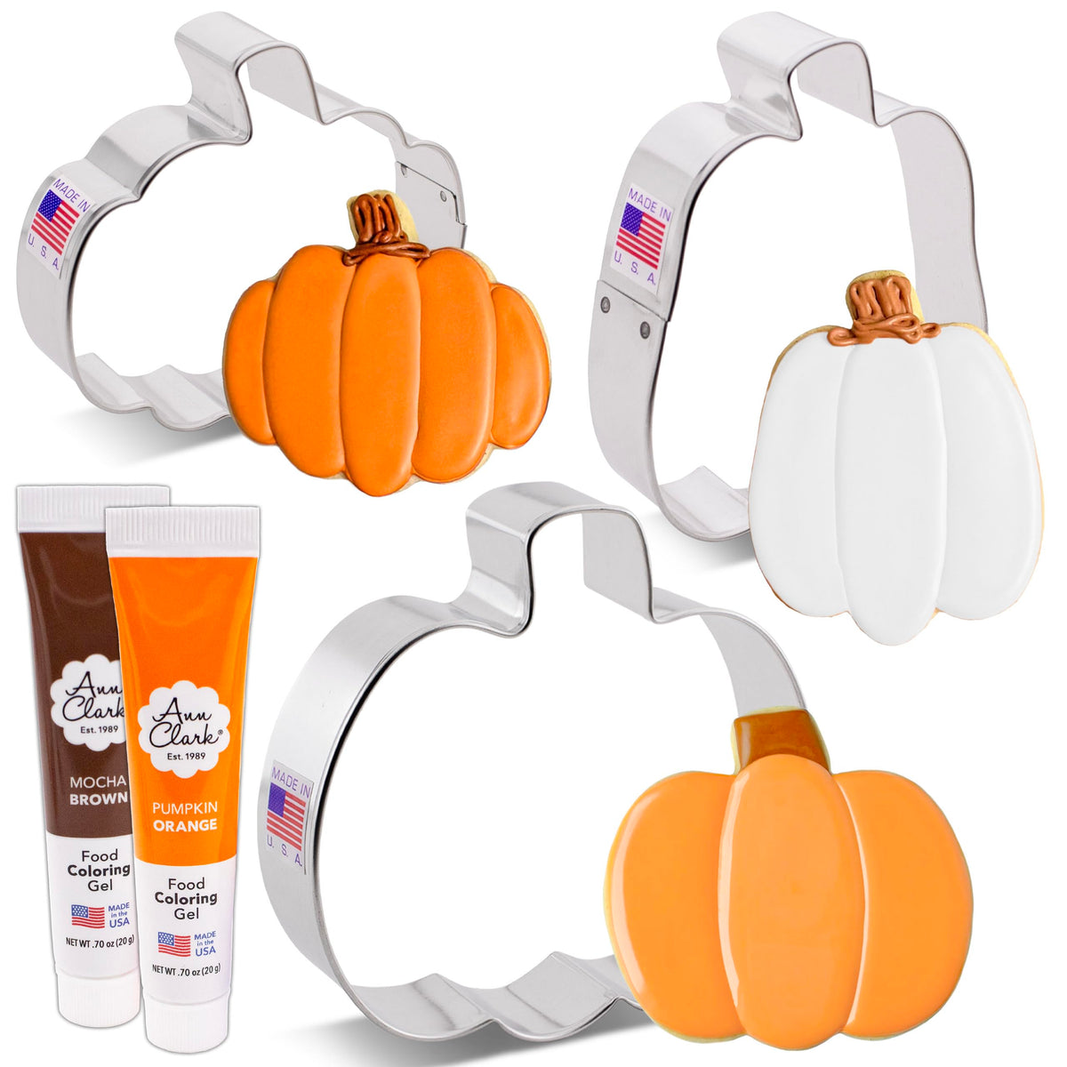 Ann Clark Pumpkin Cookie Cutters and Decorating 5-Pc. Set - Made in USA With Tall Pumpkin, Gourd Shapes, Brown & Orange Food Coloring Gel