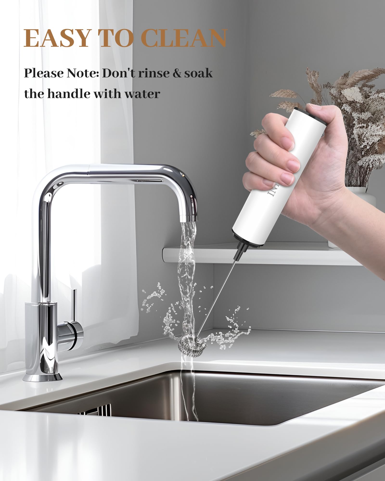 INFOOD Rechargeable Milk Frother with Cover, 2-Speed, 2 Whisks, White