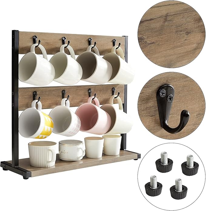 IBUYKE Wood Coffee Mug Holder for Countertop,16 Hook Mug Tree Holder Rack with Storage Base,Mug Display Organizer,Mug Holders for Home Kitchen,Greige UTBJ001Y