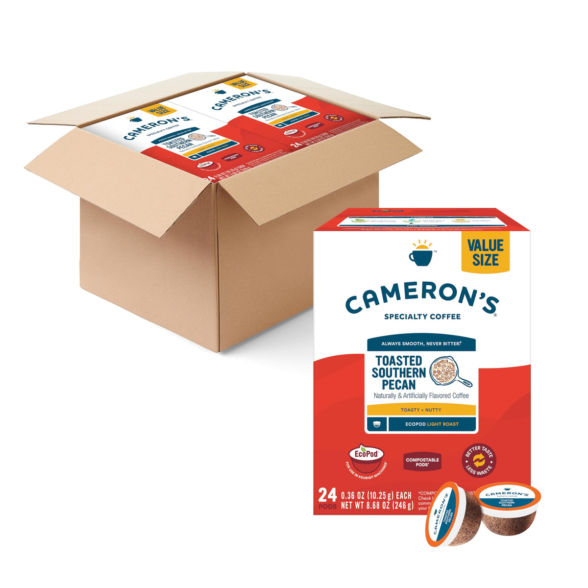 Cameron's Coffee Single Serve Pods, Flavored, Toasted Southern Pecan, 96 Count