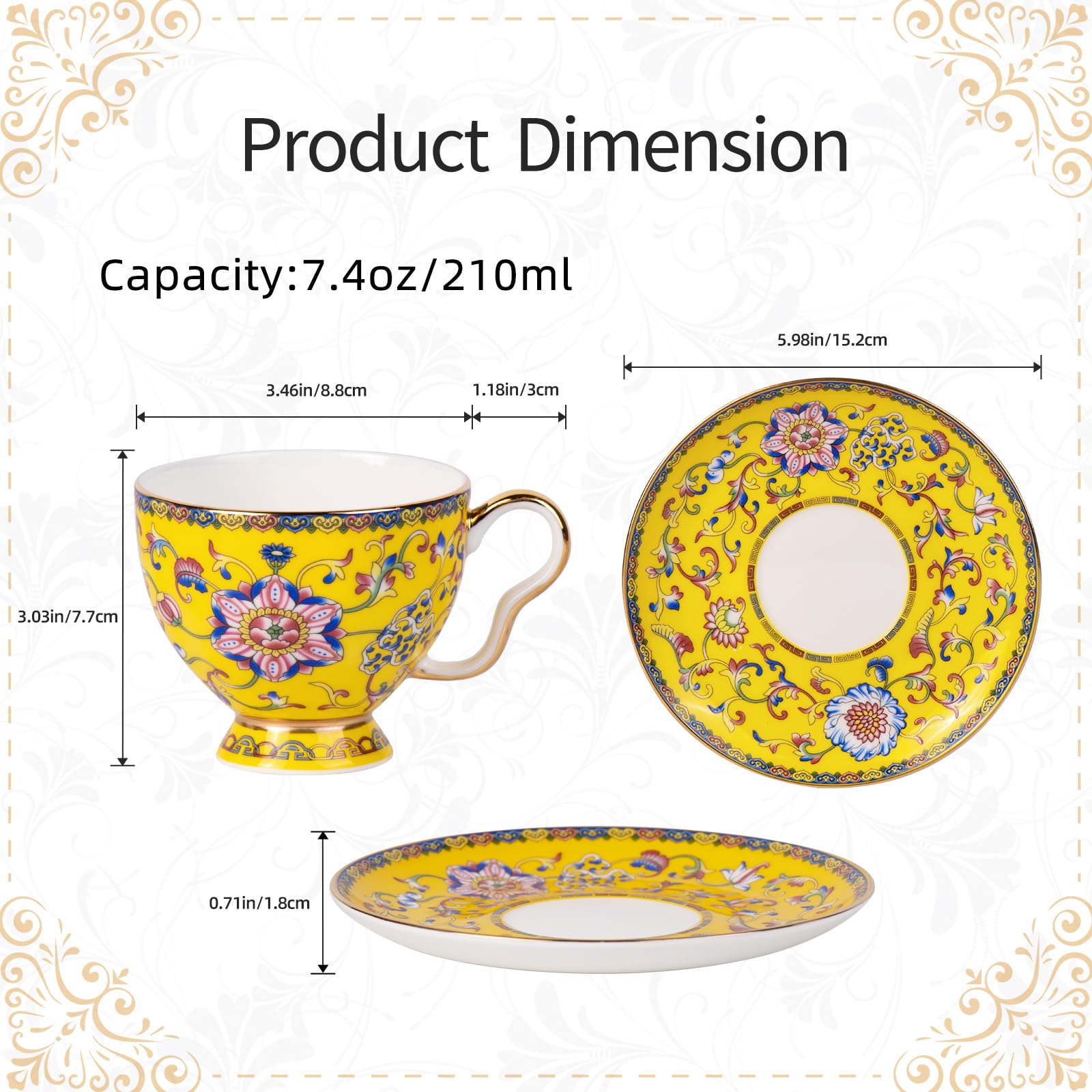 KAMMAK Tea Cup and Saucer, Ceramic Coffee Cups, 7.4 oz, Set of 2