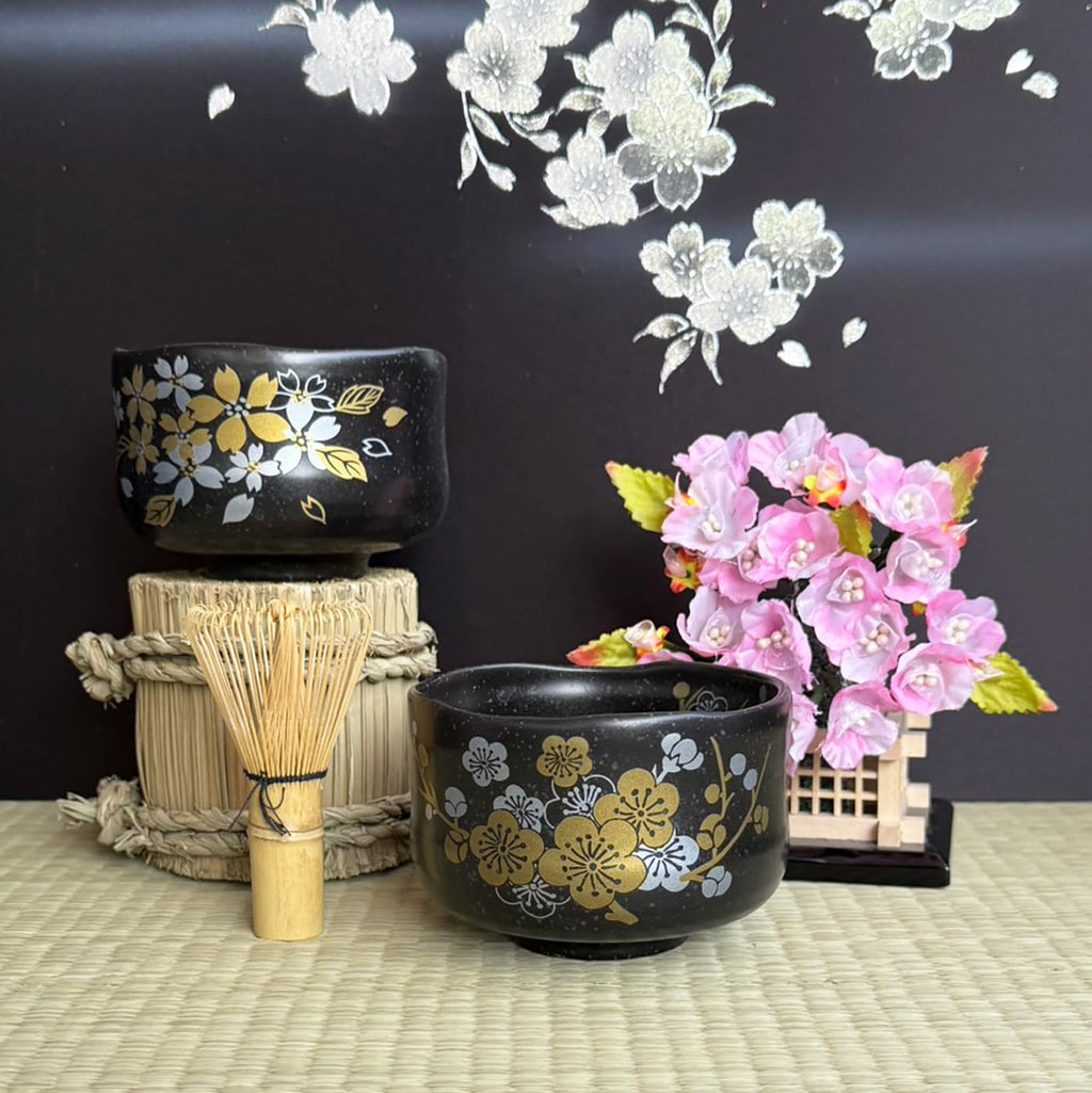 Waraku Fuuka Japanese Traditional Mino Ware Handcrafted Mini Matcha Chawan Tea Bowl Cup Set With Chasen Bamboo Tea Whisk Ceremony Tableware Pottery (Tenmoku Sakura)