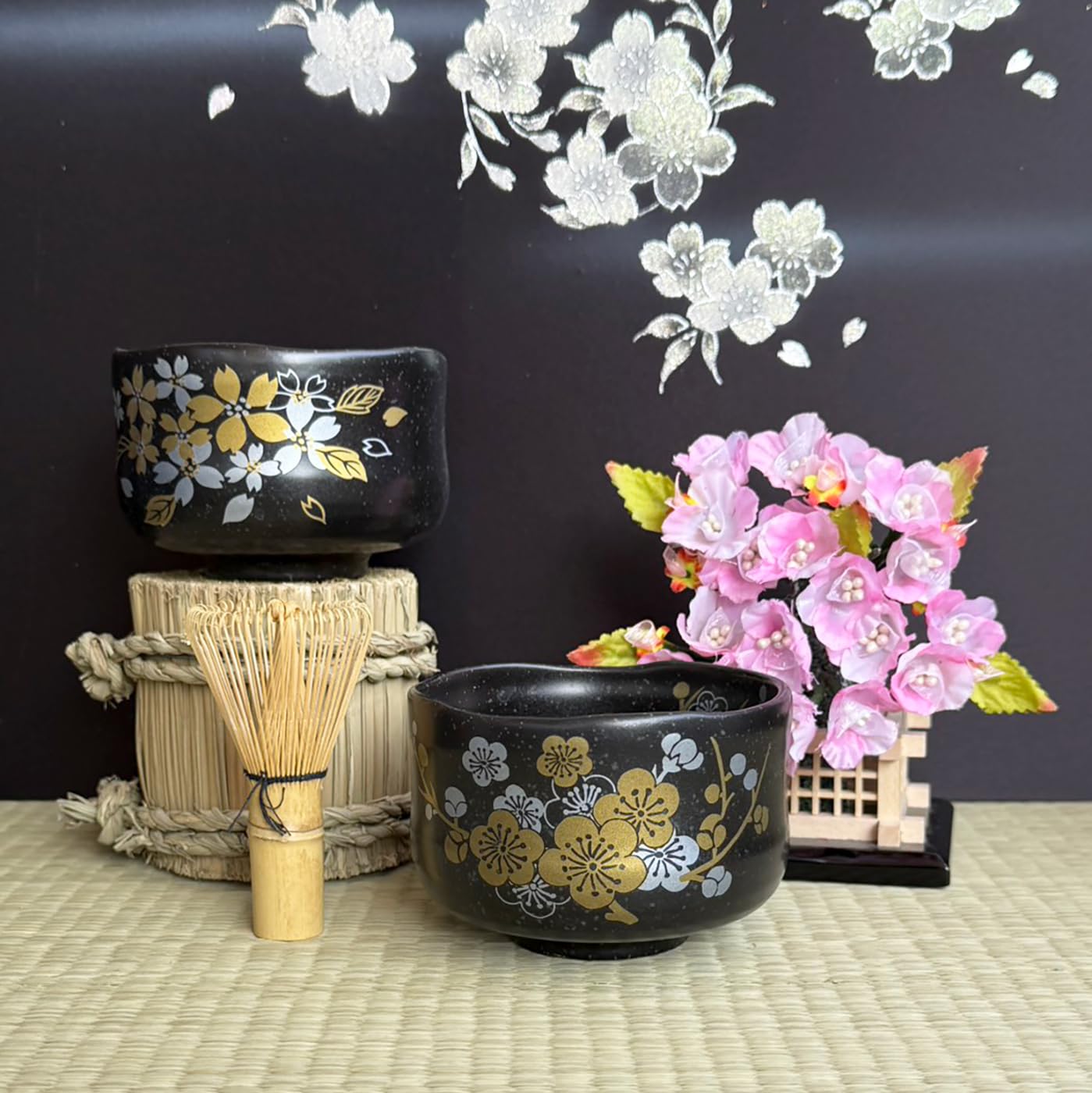 Waraku Fuuka Japanese Traditional Mino Ware Handcrafted Mini Matcha Chawan Tea Bowl Cup Set With Chasen Bamboo Tea Whisk Ceremony Tableware Pottery (Tenmoku Sakura)