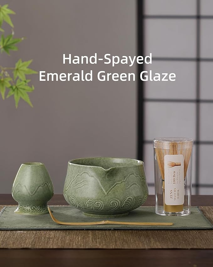ZENS Matcha Whisk Set, 15oz Ceramic Matcha Bowl with Spout and Bamboo Whisk, (Chasen Holder) Scoop & Tea Towel, 5pcs Matcha Kit for Matcha Ceremony, Emerald Green