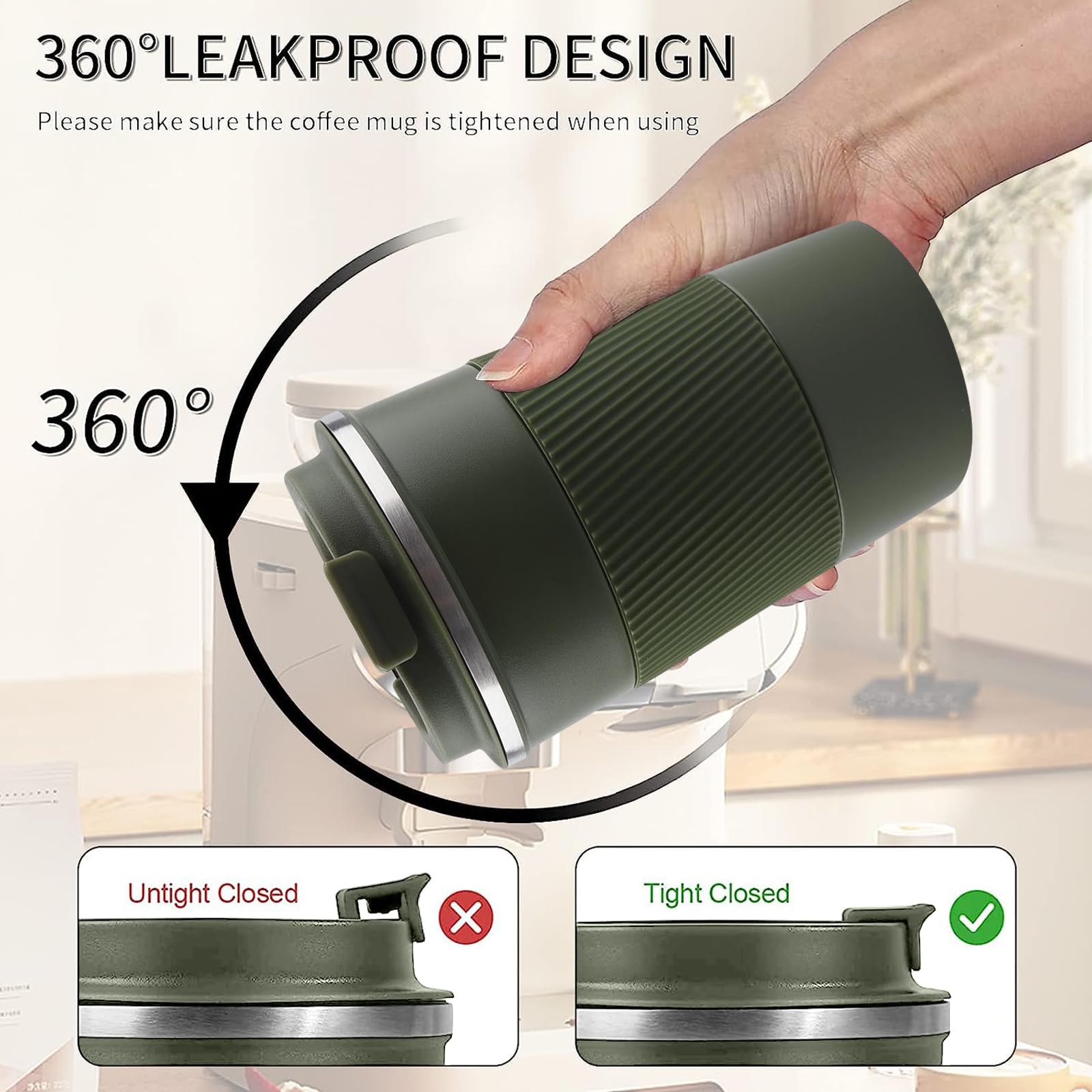 Insulated Travel Coffee Mug, Stainless Steel Coffee Cup with Leakproof Lid