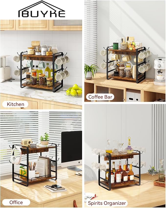 IBUYKE Coffee Bar Station Countertop Organizer,2 Tier Kitchen Mug Cup Holder Stand,Wooden Coffee Mug Organizer with 18 Hooks,Multifunctional Mug Tree for Home Kitchen, Office,Vintage Brown UTBJ006H
