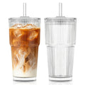 KEMORELA 20oz Ribbed Glass Tumblers with Lids and Straws, Iced Coffee Cups
