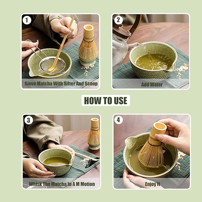 Ceramic Japanese Style Matcha Bowl Whisk Holder Temperature Resistant Braid Textured Matcha Tea Bowl Set With Spout for Trip (Light Green)