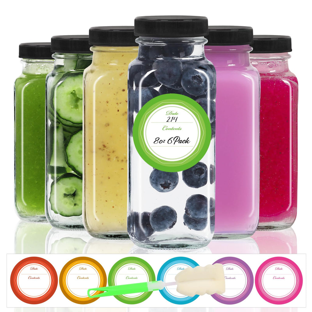 STARSIDE 8oz 6-Pack Glass Juice Bottles with Leak-proof Lids