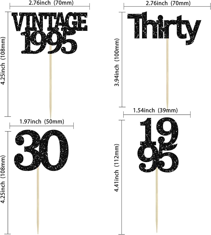 Gyufise 24Pcs Vintage 1995 Cupcake Toppers Cheers to 30 Fabulous Thirty Cupcake Picks Decorations for 30th Birthday Wedding Anniversary Party Supplies Black