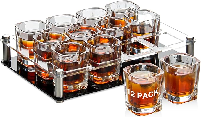 24pack 2oz Shot Glasses with Tray,Square Shot Glass Bulk with Heavy Base