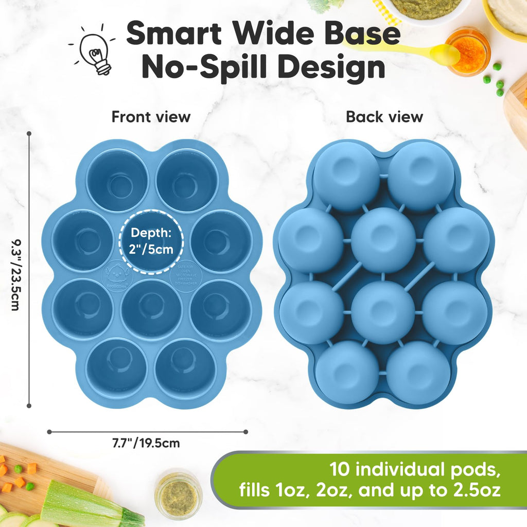 KeaBabies Silicone Food Freezer Trays with Lid, 2oz x 10 Pods (Misty Blue)