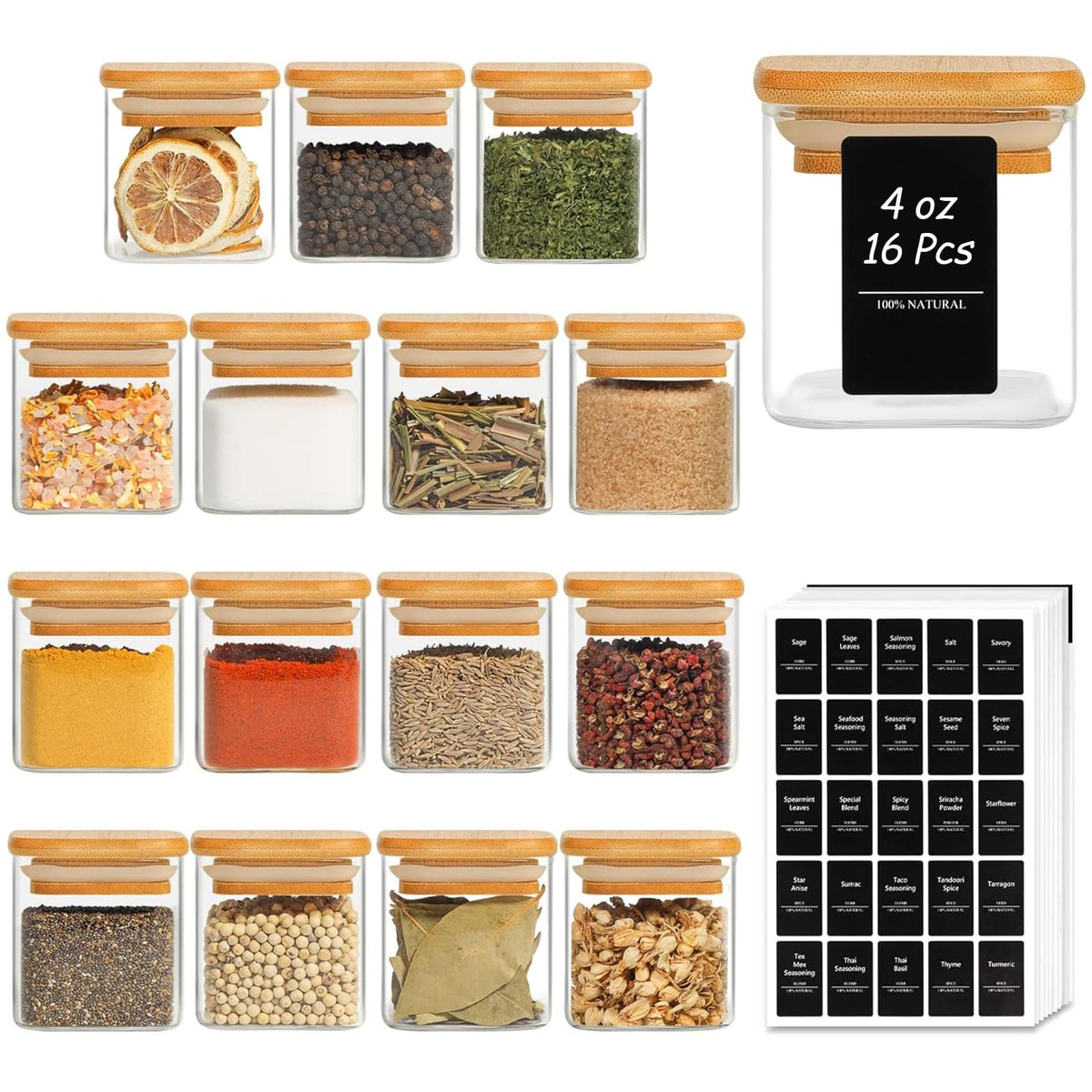 ComSaf Square Glass Spice Jars with Labels 4 oz 16 Pack with Bamboo Lids
