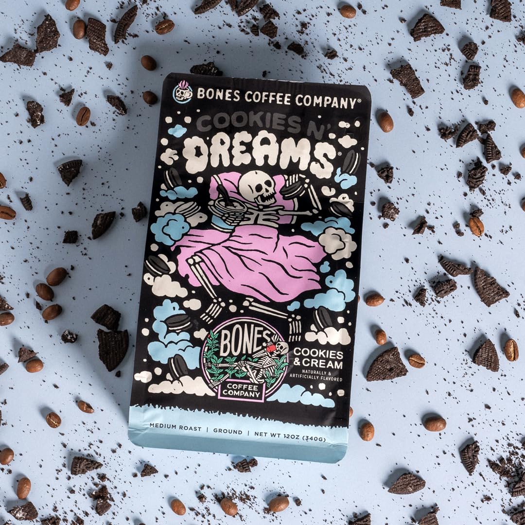 Bones Coffee Company Cookies 'N Dreams Cookies and Cream Flavored Coffee, Medium Roast Low Acid Arabica Beans Compatible with Auto drip and French Press Coffee Maker, 12 Oz Ground